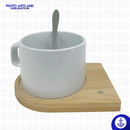 Mini Mug Blanco con Cuchara y Base de Madera