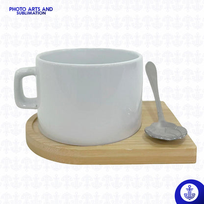 Mini Mug Blanco con Cuchara y Base de Madera