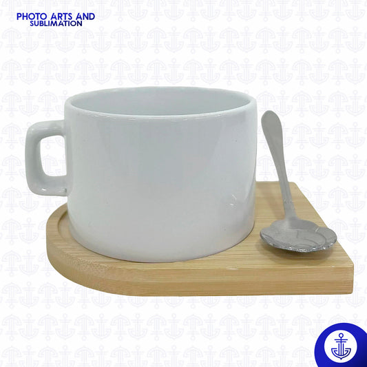 Mini Mug Blanco con Cuchara y Base de Madera