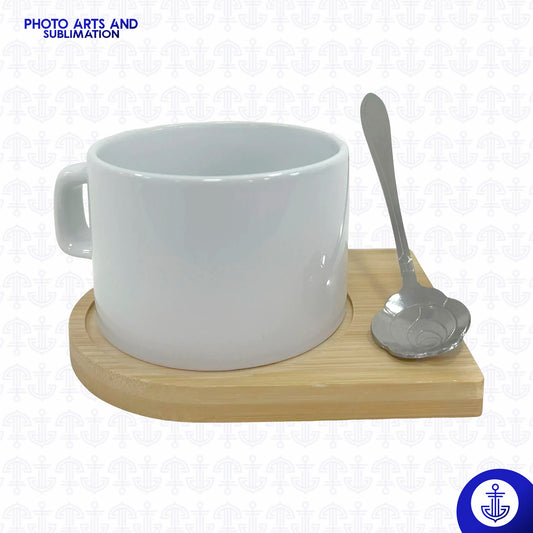 Mini Mug Blanco con Cuchara y Base de Madera